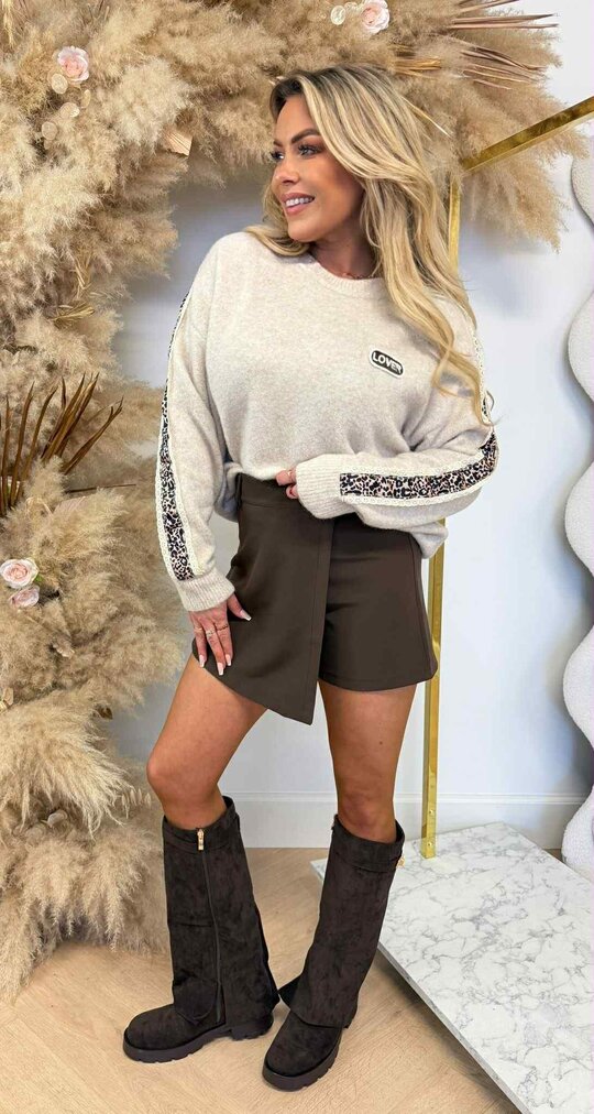 LACE LEOPARD SLEEVE SWEAT 3831330 TAUPE