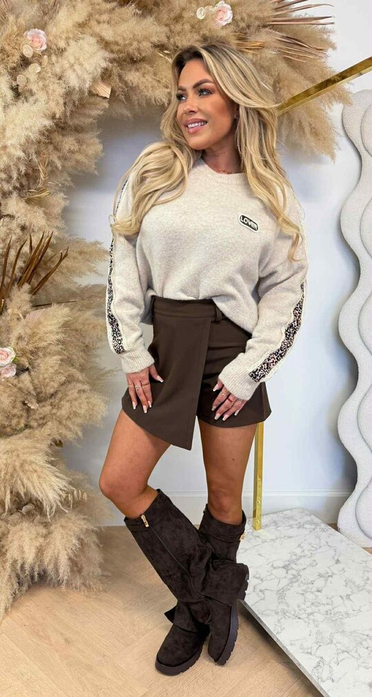 LACE LEOPARD SLEEVE SWEAT 3831330 TAUPE