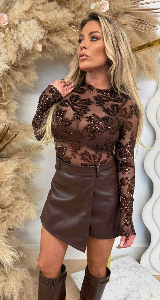 SEQUIN MESH TOP CHOCO