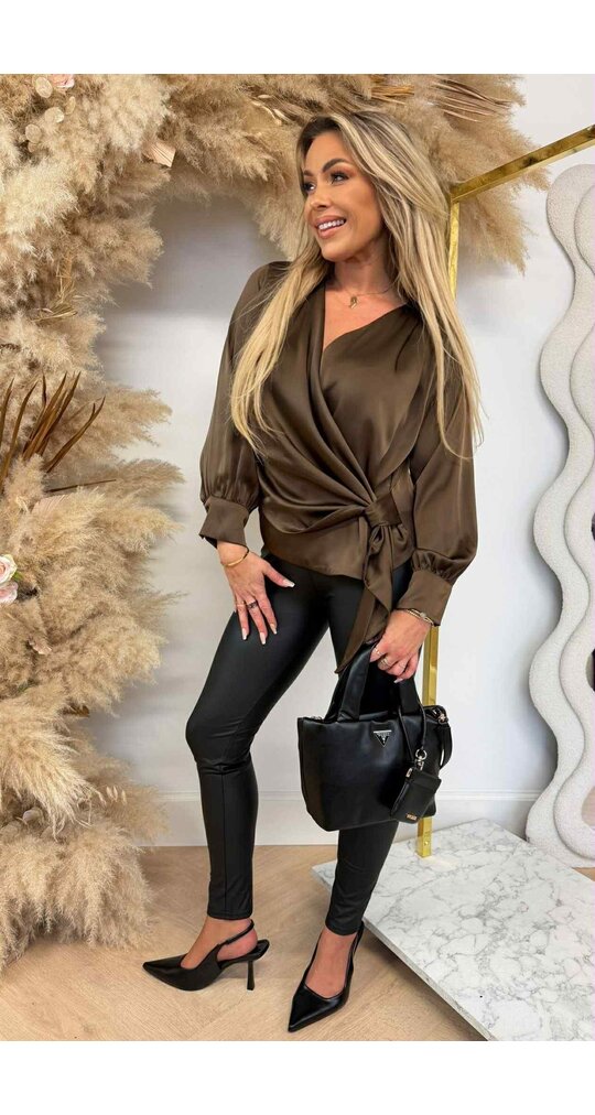 SATIN OMSLAG BLOUSE BROWN