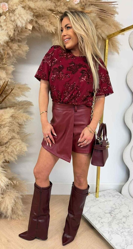FLORAL SEQUIN MESH TOP BORDEAUX