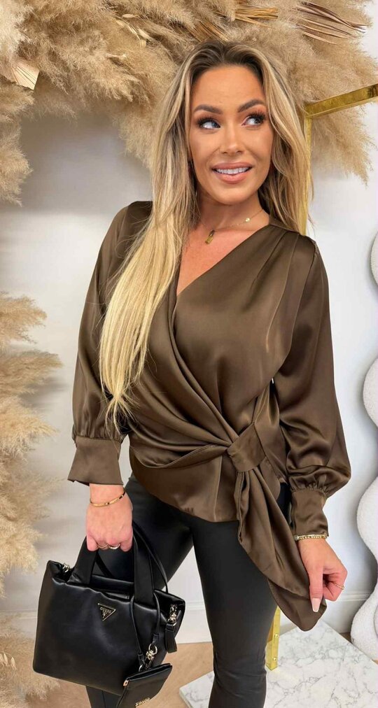 SATIN OMSLAG BLOUSE BROWN
