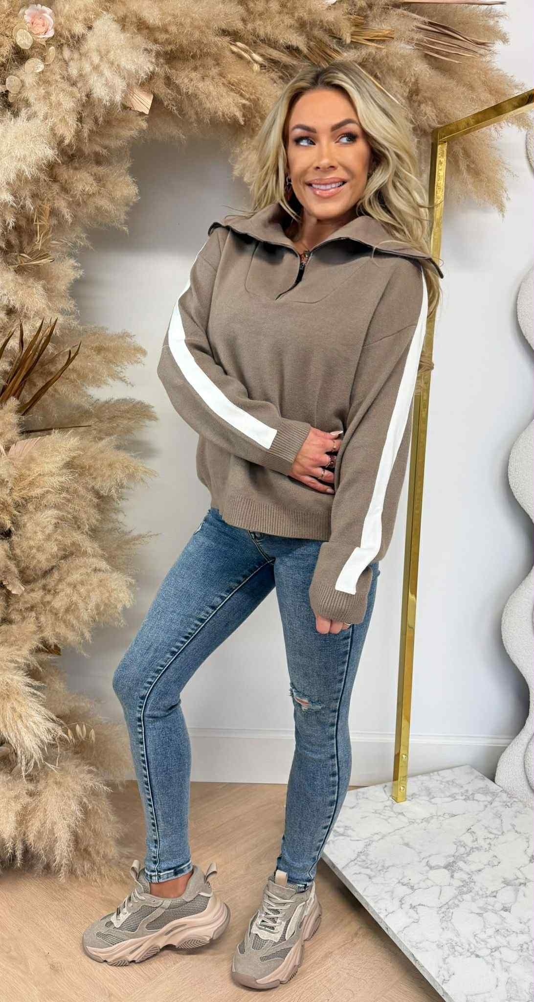 STRIPE SLEEVE ZIP SWEAT 5671 TAUPE