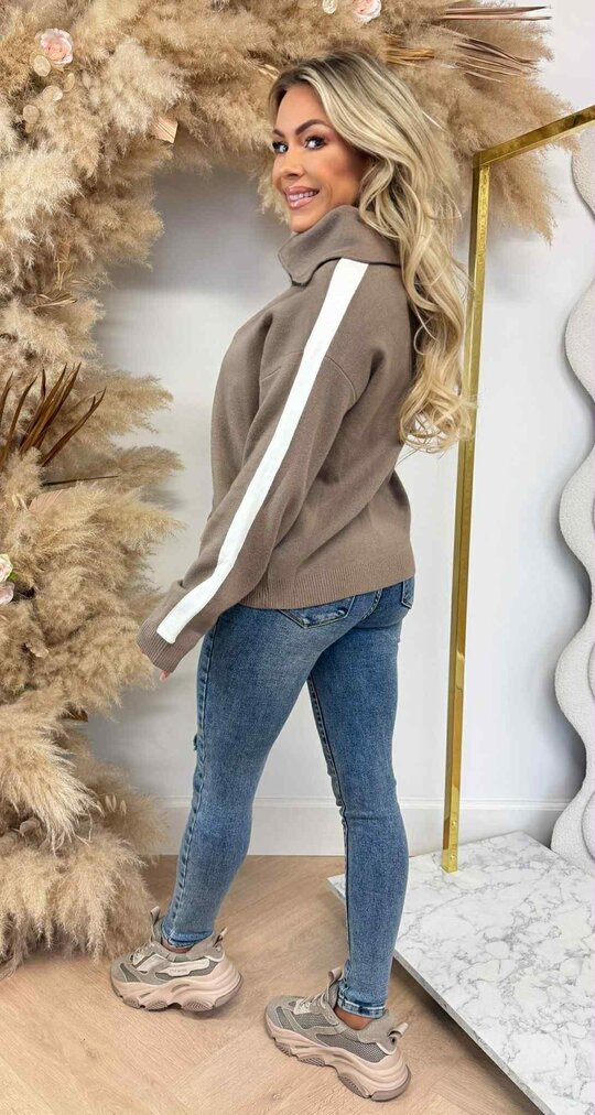 STRIPE SLEEVE ZIP SWEAT 5671 TAUPE