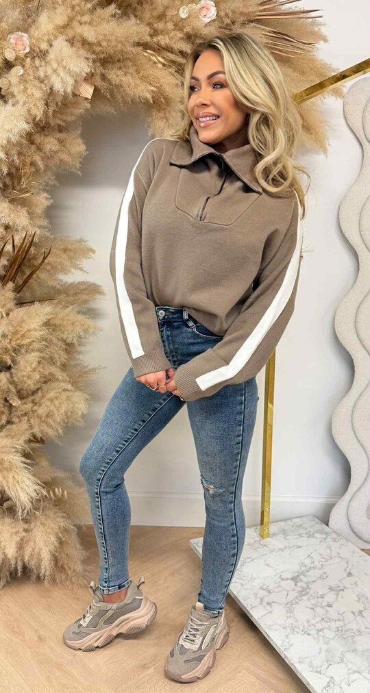 STRIPE SLEEVE ZIP SWEAT 5671 TAUPE