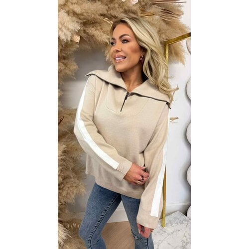 STRIPE SLEEVE ZIP SWEAT 5671 BEIGE STRIPE SLEEVE ZIP SWEAT 5671 BEIGE