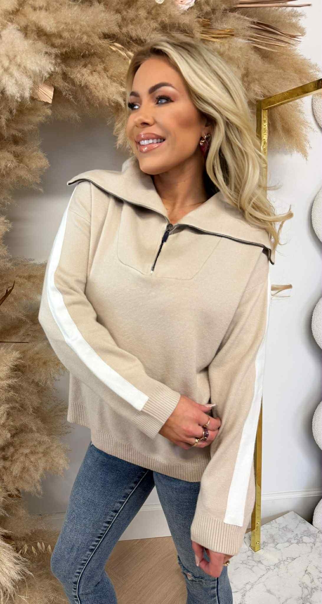 STRIPE SLEEVE ZIP SWEAT 5671 BEIGE