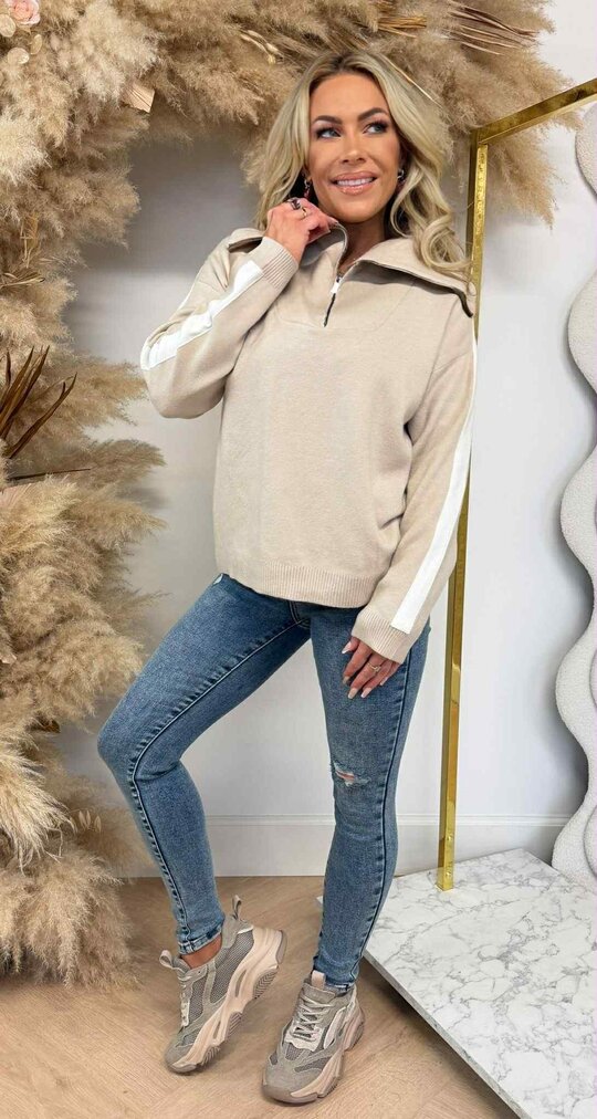 STRIPE SLEEVE ZIP SWEAT 5671 BEIGE