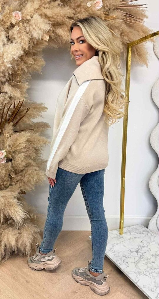 STRIPE SLEEVE ZIP SWEAT 5671 BEIGE