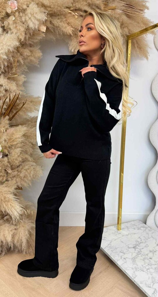 STRIPE SLEEVE ZIP SWEAT 5671 BLACK