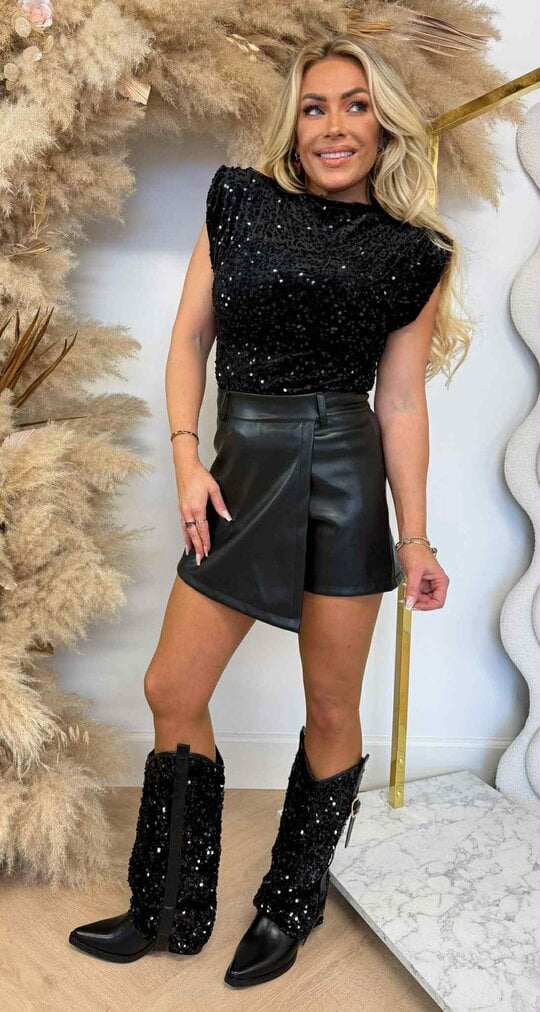SHOULDER VELVET SEQUIN TOP BLACK