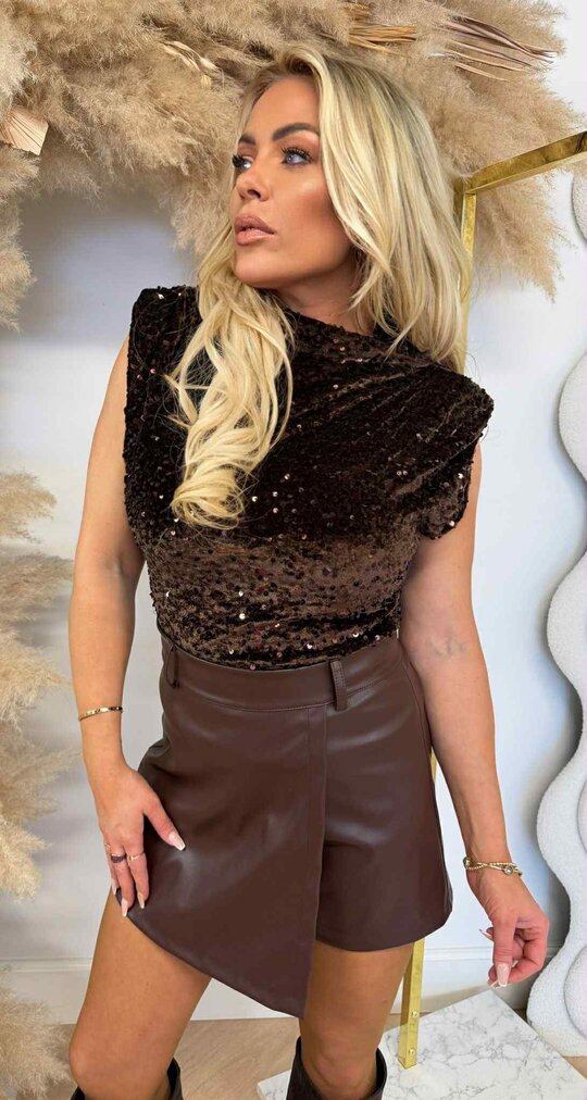 SHOULDER VELVET SEQUIN TOP CHOCO