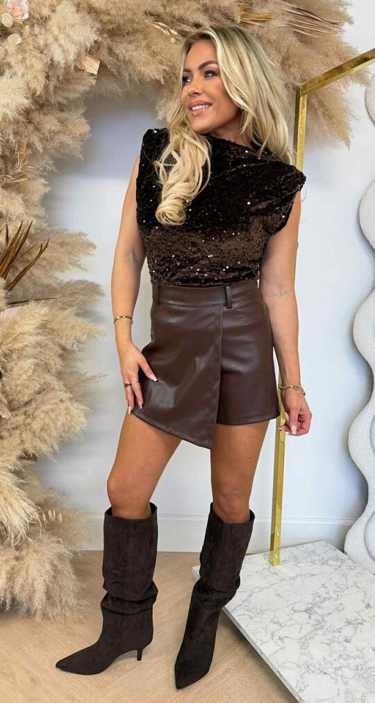 SHOULDER VELVET SEQUIN TOP CHOCO