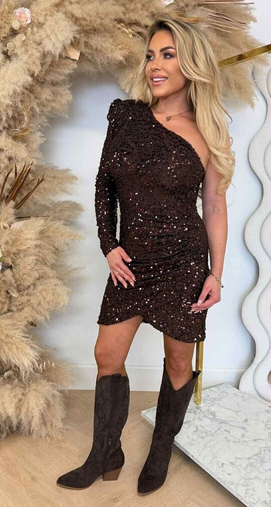 SEQUIN ONE SLEEVE DRESS 8940 BROWN