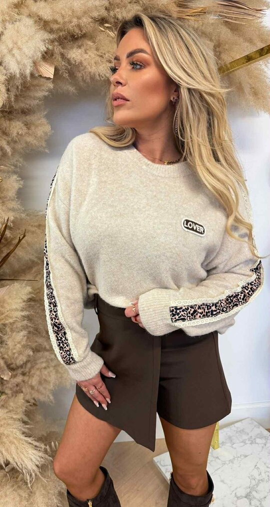 LACE LEOPARD SLEEVE SWEAT 3831330 TAUPE