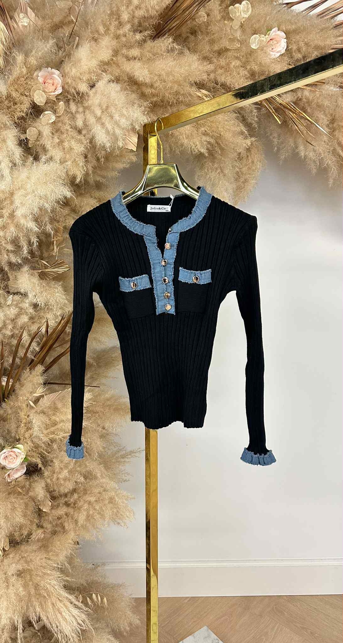 DENIM BUTTON RIB TOP 1034 BLACK