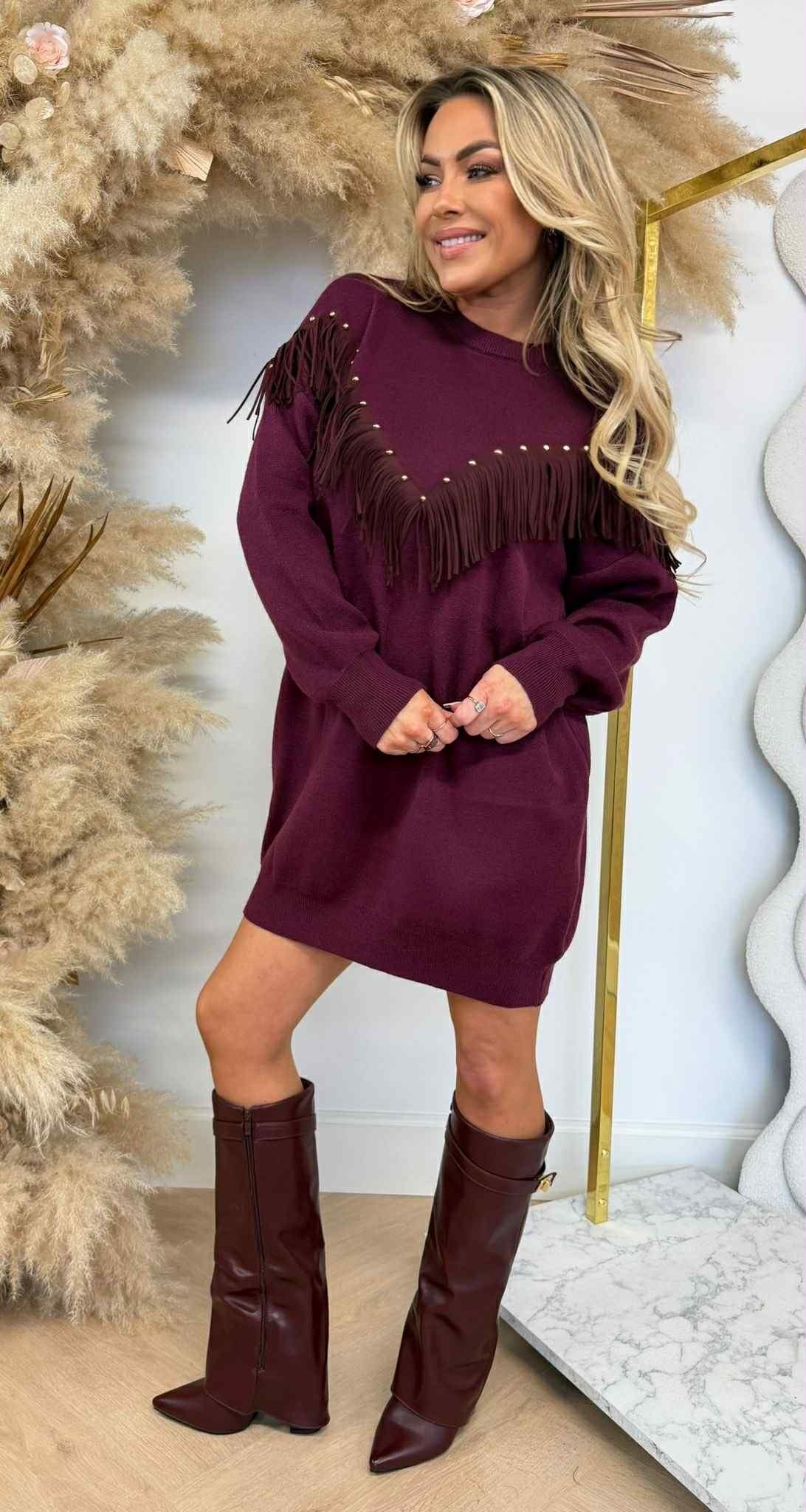 FRINGE STUDDED DRESS 6541 BORDEAUX FRINGE STUDDED DRESS 6541 BORDEAUX
