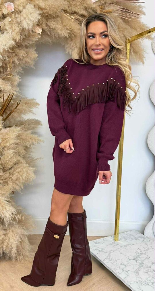 FRINGE STUDDED DRESS 6541 BORDEAUX FRINGE STUDDED DRESS 6541 BORDEAUX