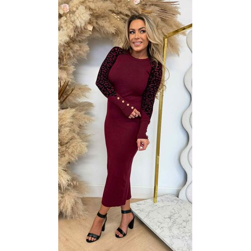 LEOPARD SLEEVE BUTTON DRESS 1080 BORDEAUX