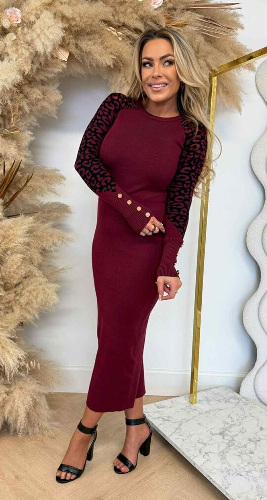 LEOPARD SLEEVE BUTTON DRESS 1080 BORDEAUX LEOPARD SLEEVE BUTTON DRESS 1080 BORDEAUX