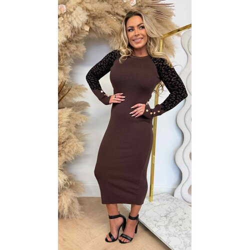 LEOPARD SLEEVE BUTTON DRESS 1080 CHOCO