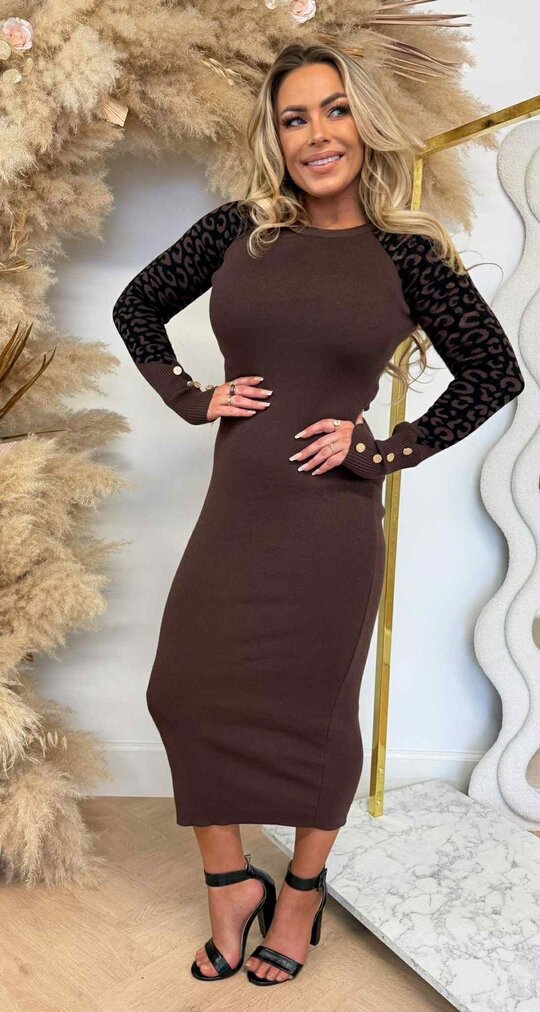 LEOPARD SLEEVE BUTTON DRESS 1080 CHOCO LEOPARD SLEEVE BUTTON DRESS 1080 CHOCO