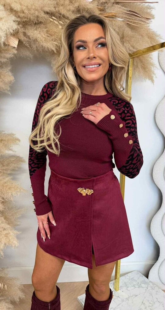 LEOPARD SLEEVE  BUTTON TOP 1079 BORDEAUX LEOPARD SLEEVE  BUTTON TOP 1079 BORDEAUX