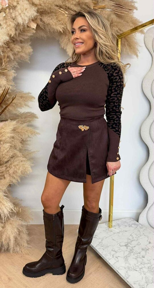 LEOPARD SLEEVE  BUTTON TOP 1079 CHOCO LEOPARD SLEEVE  BUTTON TOP 1079 CHOCO