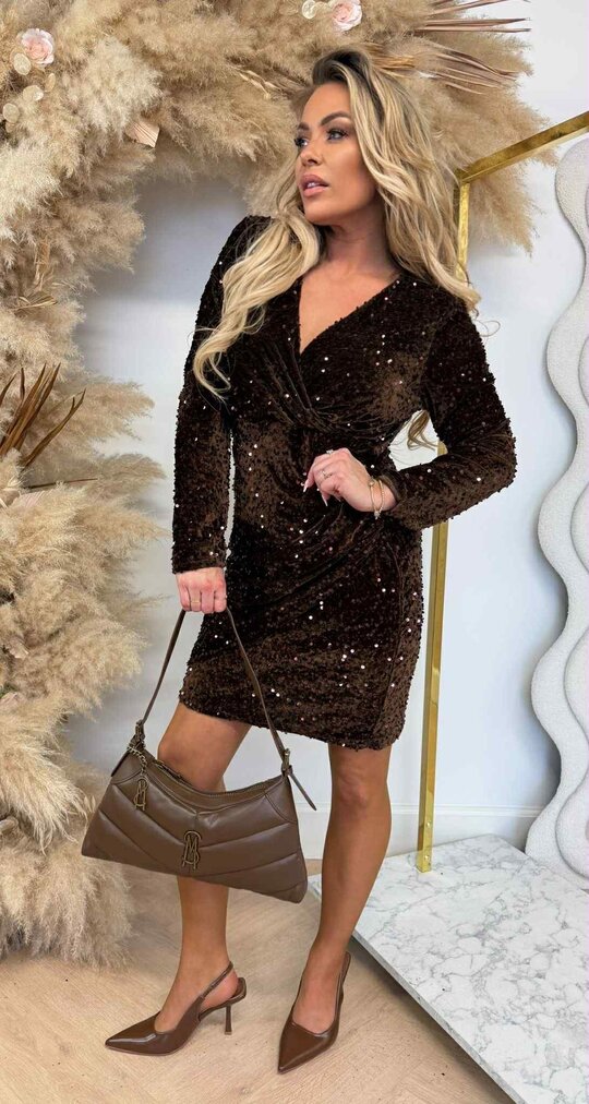 VELVET PAILLET OMSLAG DRESS BROWN VELVET PAILLET OMSLAG DRESS BROWN