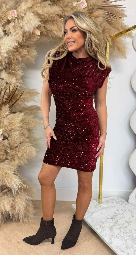 SHOULDER PARTY SEQUIN DRESS BORDEAUX SHOULDER PARTY SEQUIN DRESS BORDEAUX