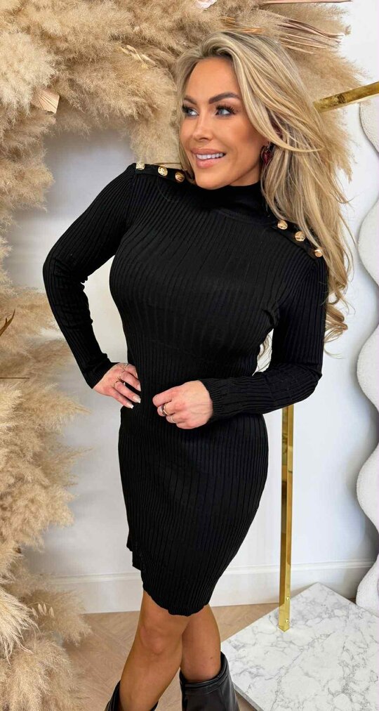 BUTTON RUFFLE DRESS 10203 BLACK BUTTON RUFFLE DRESS 10203 BLACK