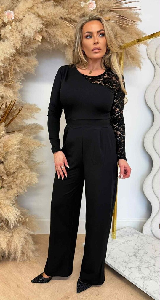ONE SHOULDER LACE JUMPSUIT 70189 BLACK ONE SHOULDER LACE JUMPSUIT 70189 BLACK