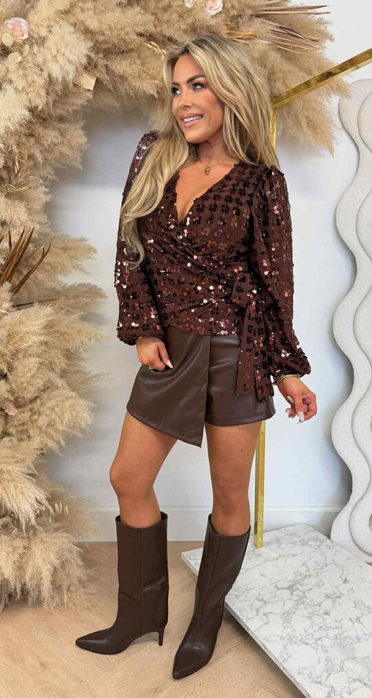 ALL OVER PAILLETTEN OMSLAG TOP 8866-3 CHOCO