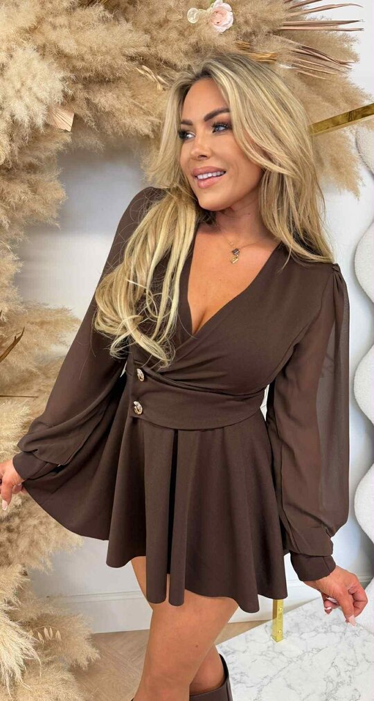 JODIE GLAM MESH SLEEVE PLAYSUIT CHOCO