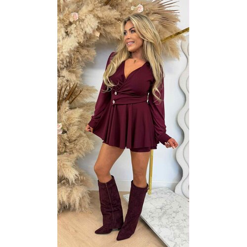 JODIE GLAM MESH SLEEVE PLAYSUIT BURGUNDY