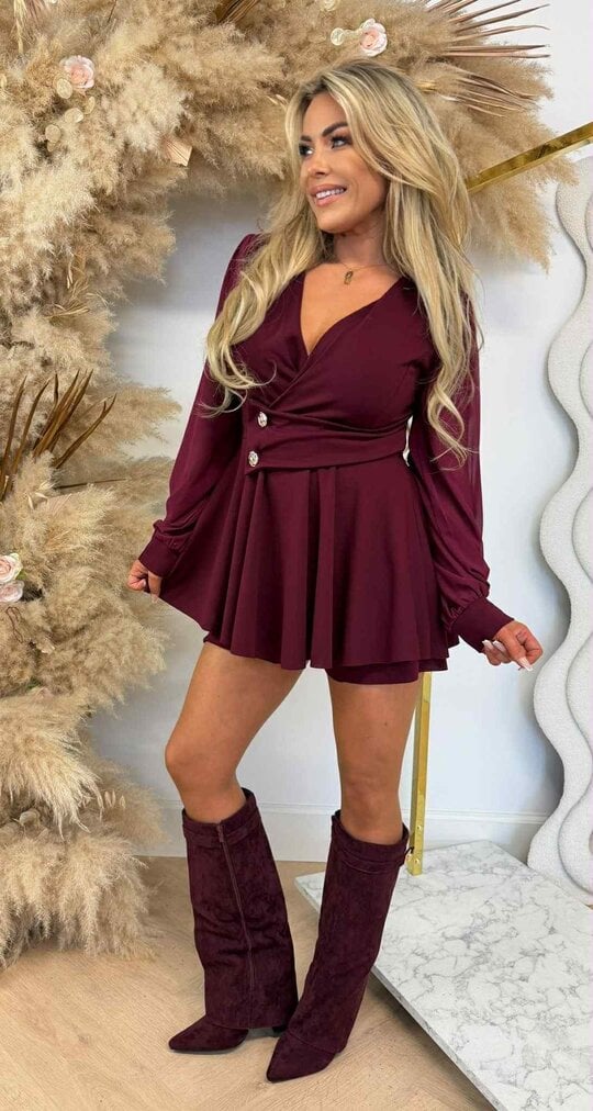JODIE GLAM MESH SLEEVE PLAYSUIT BURGUNDY