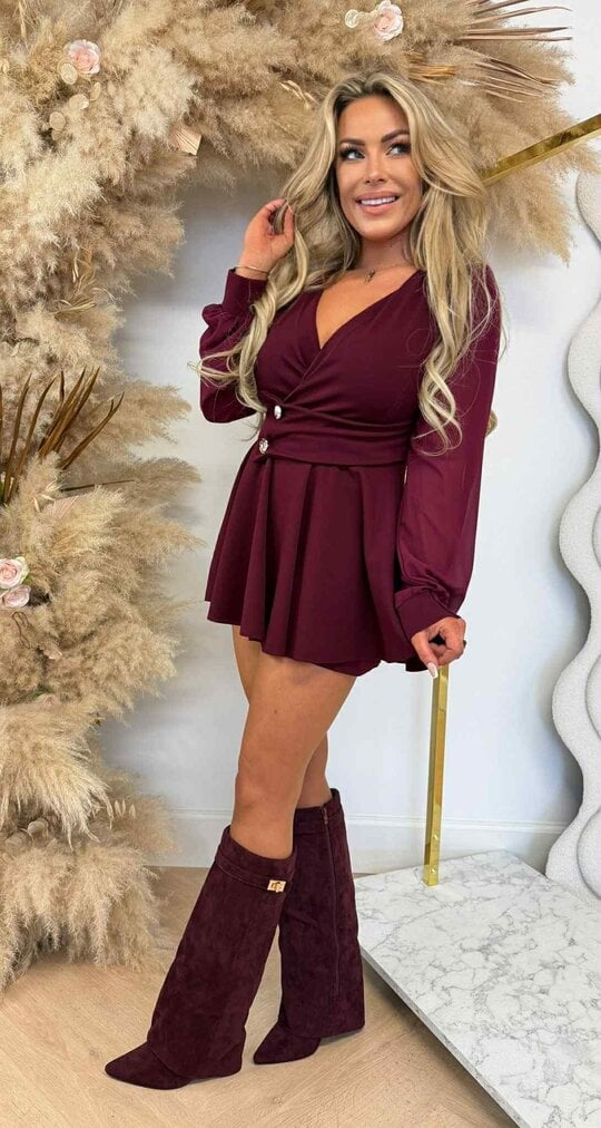 JODIE GLAM MESH SLEEVE PLAYSUIT BURGUNDY