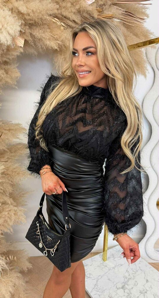 FEATHER LEATHER LOOK DRESS BLACK