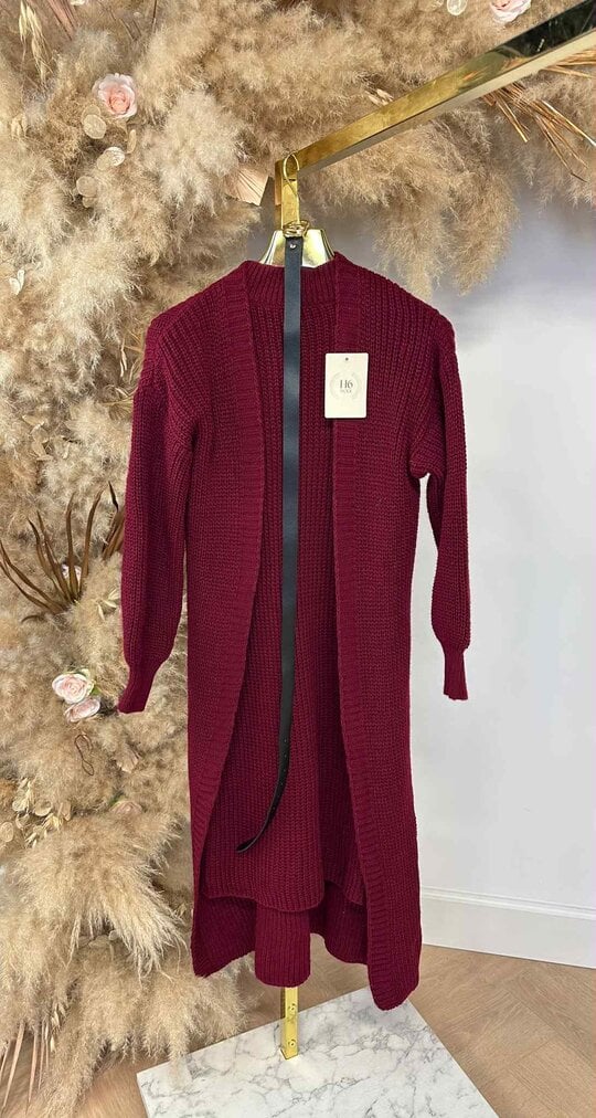 LONG KNITTED CARDIGAN + DRESS + BELT BORDEAUX