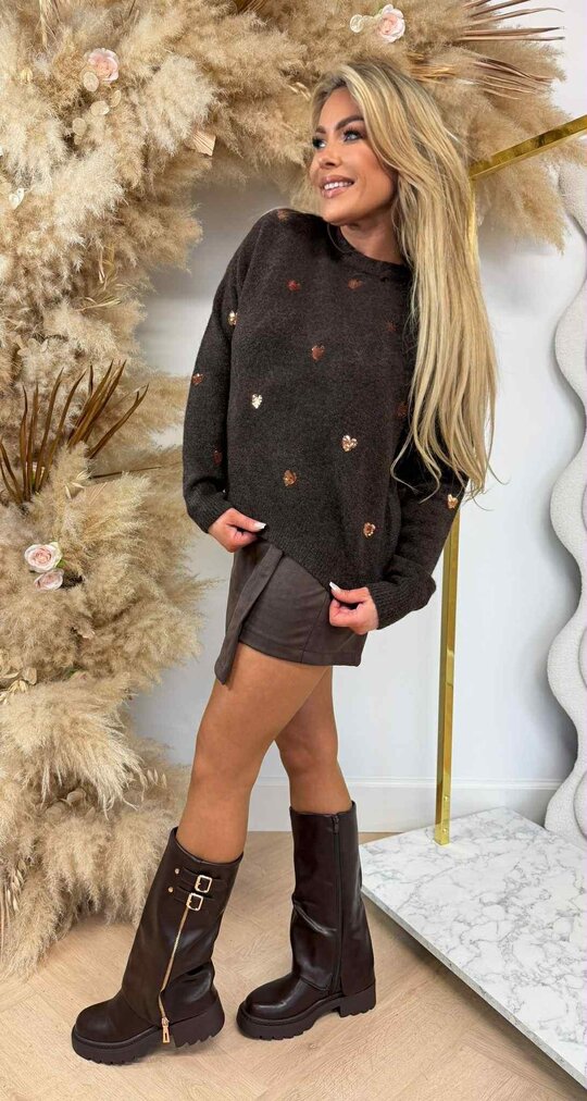 HEART WITH SEQUINS SWEAT SH740 CHOCO HEART WITH SEQUINS SWEAT SH740 CHOCO