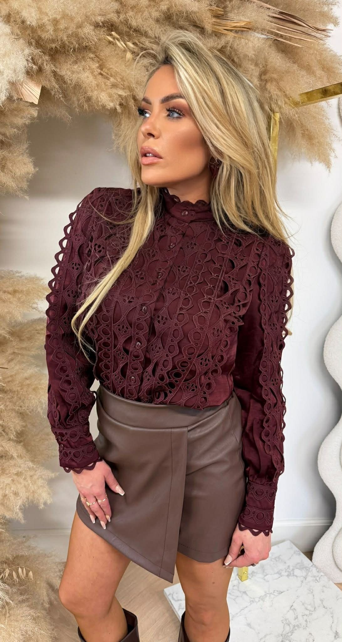 SATIN LACE BLOUSE CH368 WINE SATIN LACE BLOUSE CH368 WINE