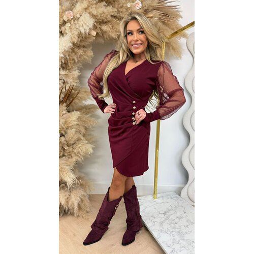 DIAMOND MESH SLEEVE DRESS BURGUNDY