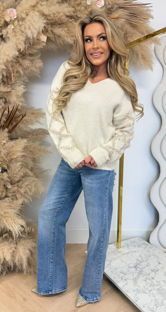 V SEQUIN SLEEVE SWEAT 381240 BEIGE V SEQUIN SLEEVE SWEAT 381240 BEIGE