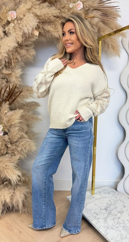 V SEQUIN SLEEVE SWEAT 381240 BEIGE V SEQUIN SLEEVE SWEAT 381240 BEIGE