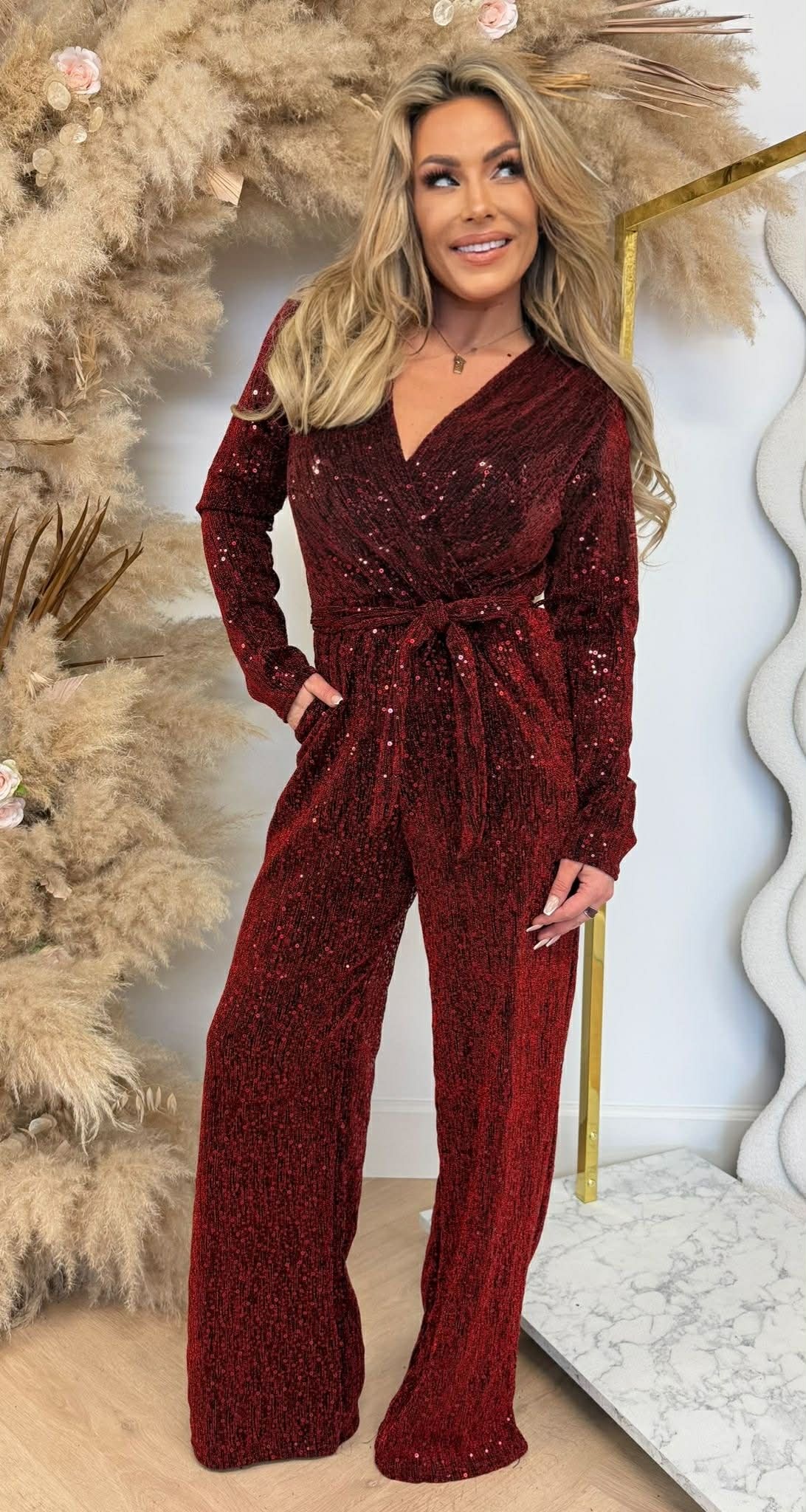 MIDNIGHT SPARKLE LONGSLEEVE JUMPSUIT RED MIDNIGHT SPARKLE LONGSLEEVE JUMPSUIT RED