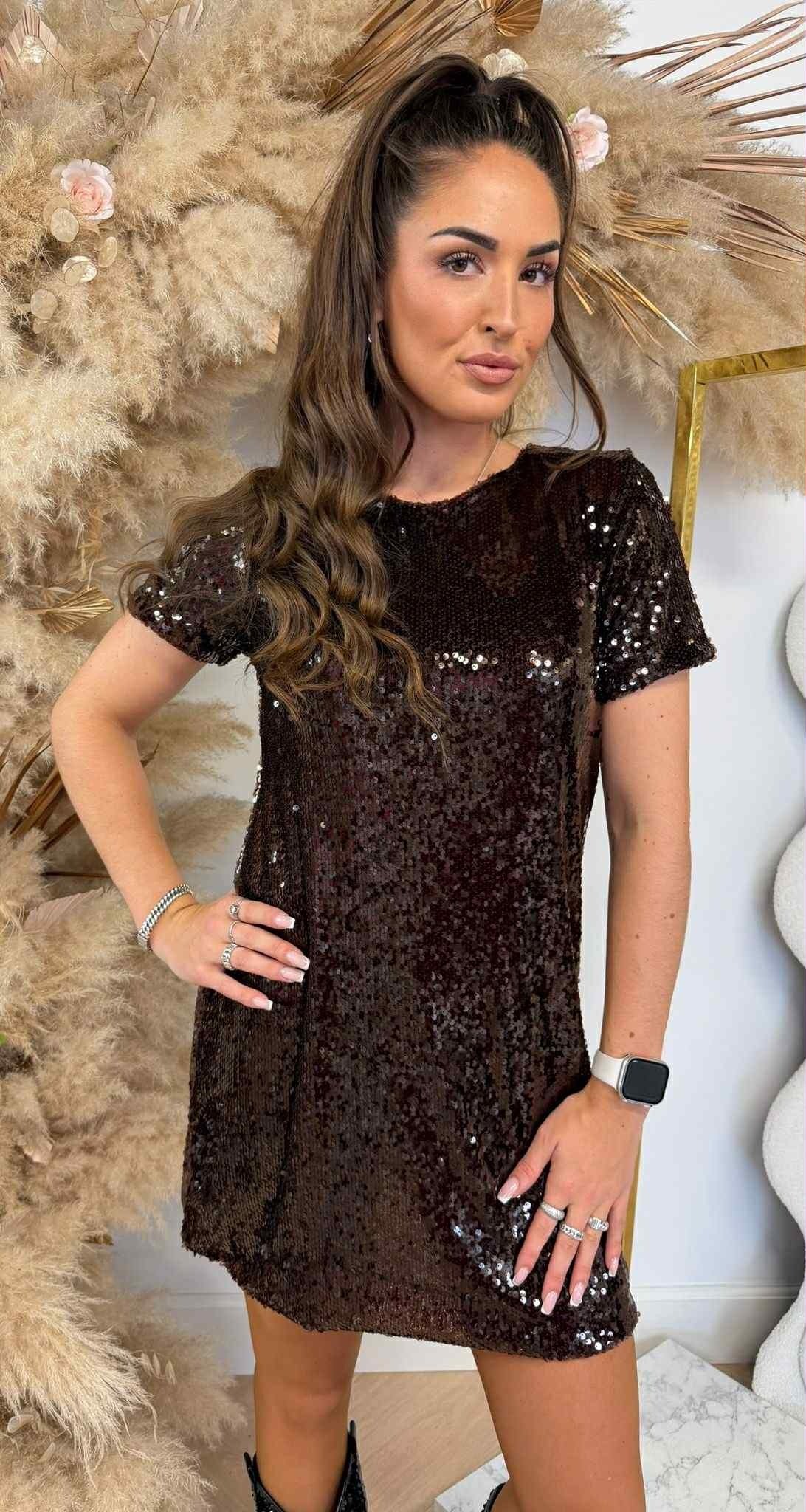 FLAWLESS PAILLET DRESS BROWN