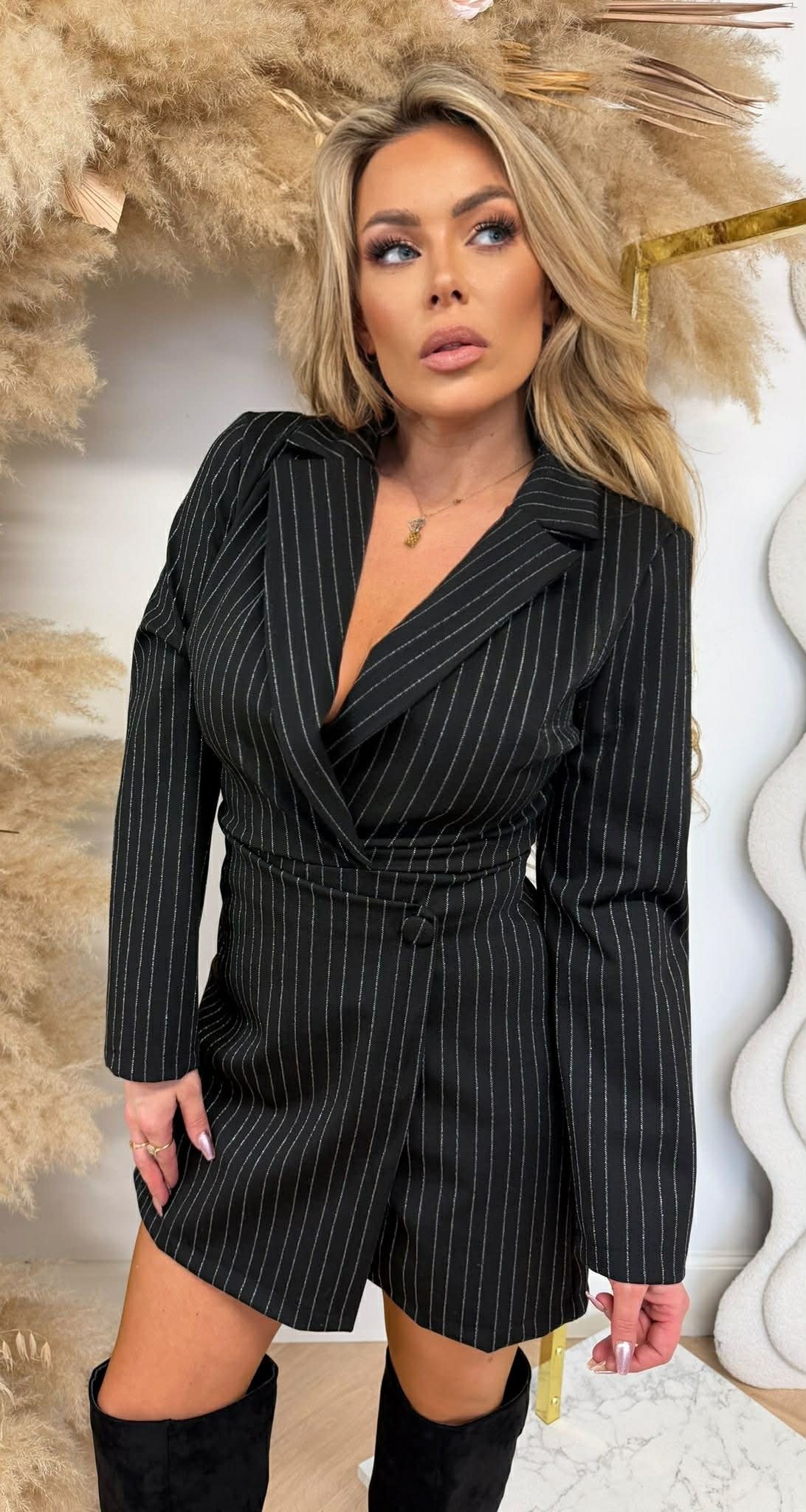 OFFICE STRIPE PLAYSUIT BLACK