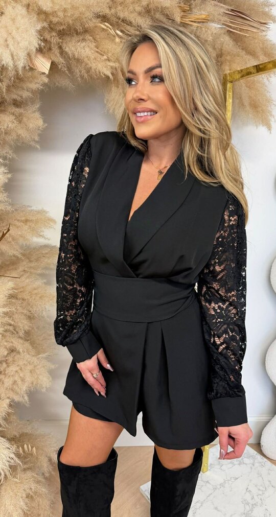 LUS LACE SLEEVE PLAYSUIT BLACK LUS LACE SLEEVE PLAYSUIT BLACK