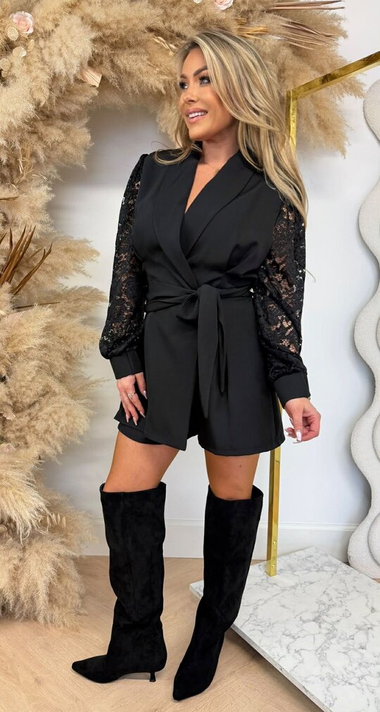 LUS LACE SLEEVE PLAYSUIT BLACK LUS LACE SLEEVE PLAYSUIT BLACK