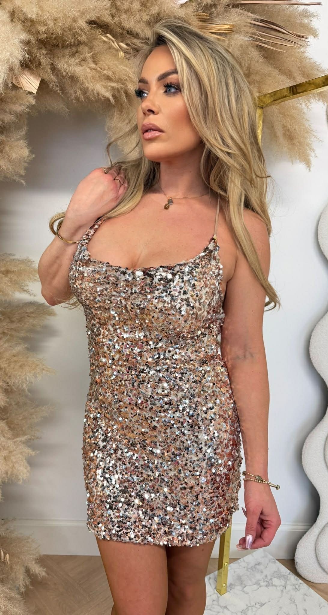 SPAGHETTI CROSSED SEQUIN DRESS CHAMPAGNE